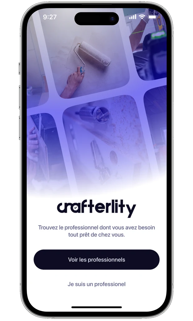 L'écran d'accueil de l'application Crafterlity : le logo, la phrase « Trouvez le professionnel dont vous avez besoin tout près de chez vous » et deux boutons, « Voir les professionnels » et « Je suis un professionnel ».
