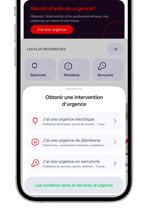 Le panneau « Obtenir une intervention d'urgence », avec trois entrées : urgence électrique, urgence de plomberie, urgence en serrurerie.